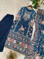 Designer Printed Chinon Suit with Mirror Work & Coin Lace Border