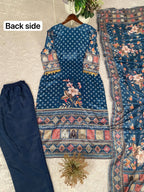 Designer Printed Chinon Suit with Mirror Work & Coin Lace Border