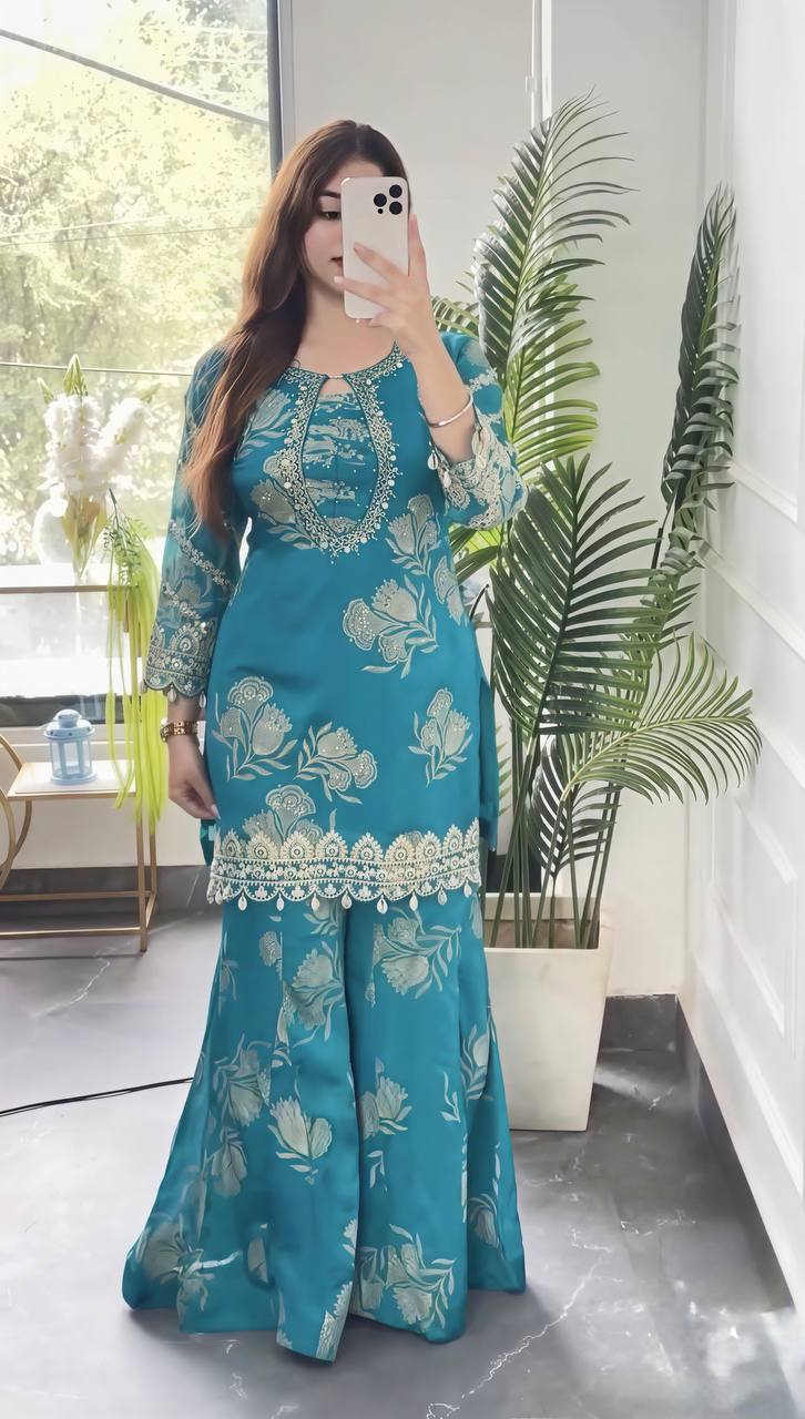 Kashvini Faux Georgette Digital Print Embroidered Sharara Suit with Dupatta