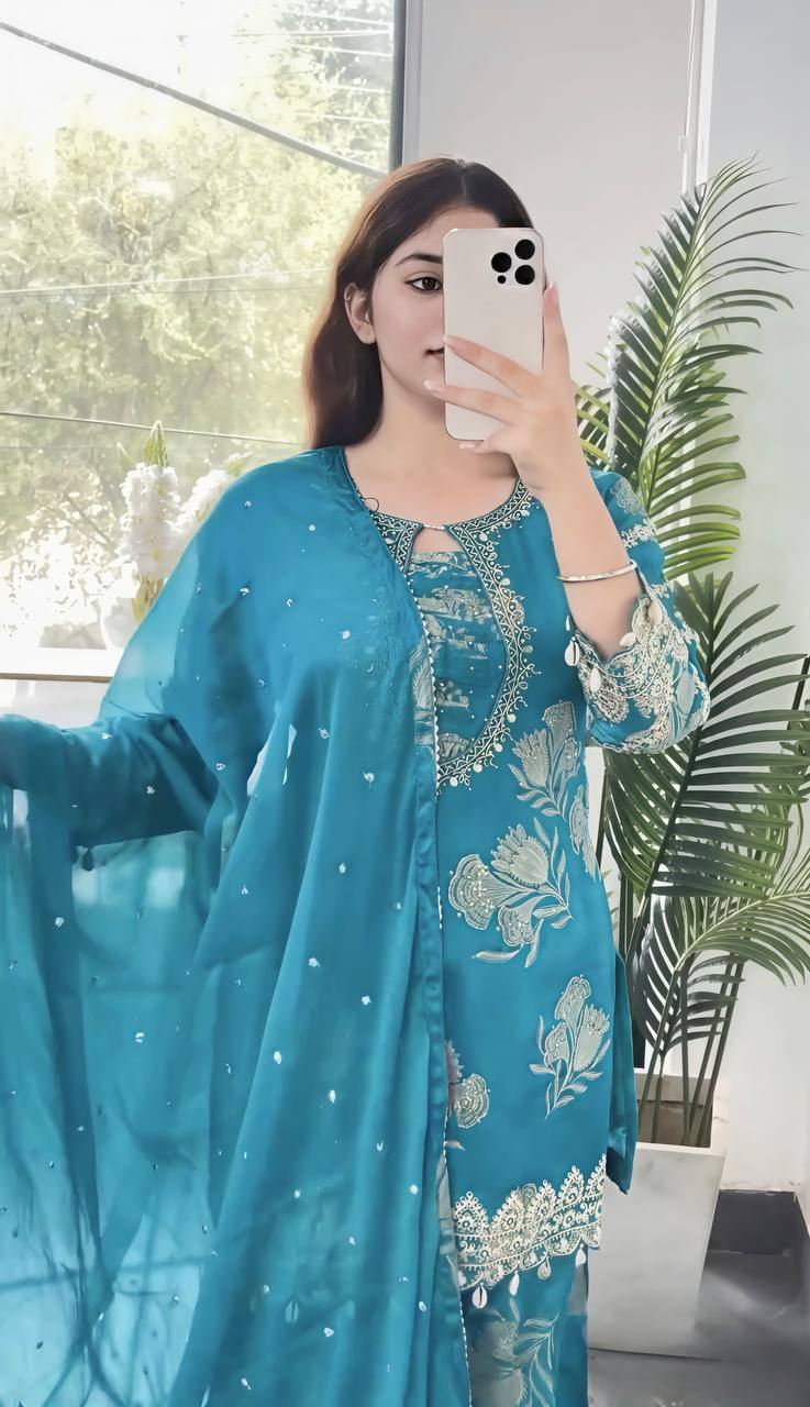 Kashvini Faux Georgette Digital Print Embroidered Sharara Suit with Dupatta