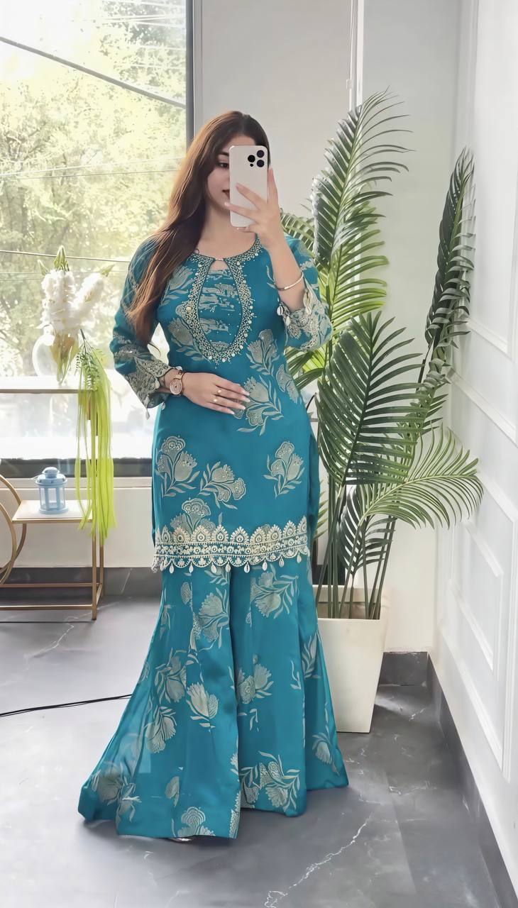Kashvini Faux Georgette Digital Print Embroidered Sharara Suit with Dupatta