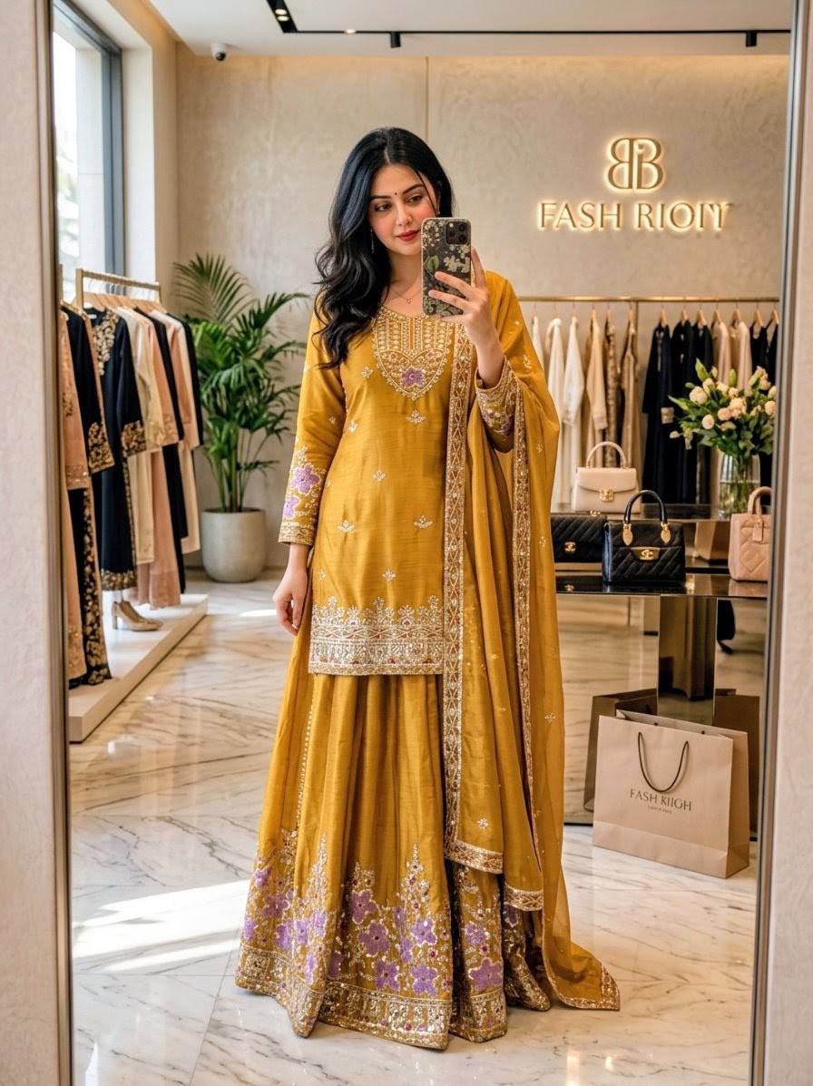 Navisha Chinon Silk Sequins Embroidered Sharara Suit with Dupatta