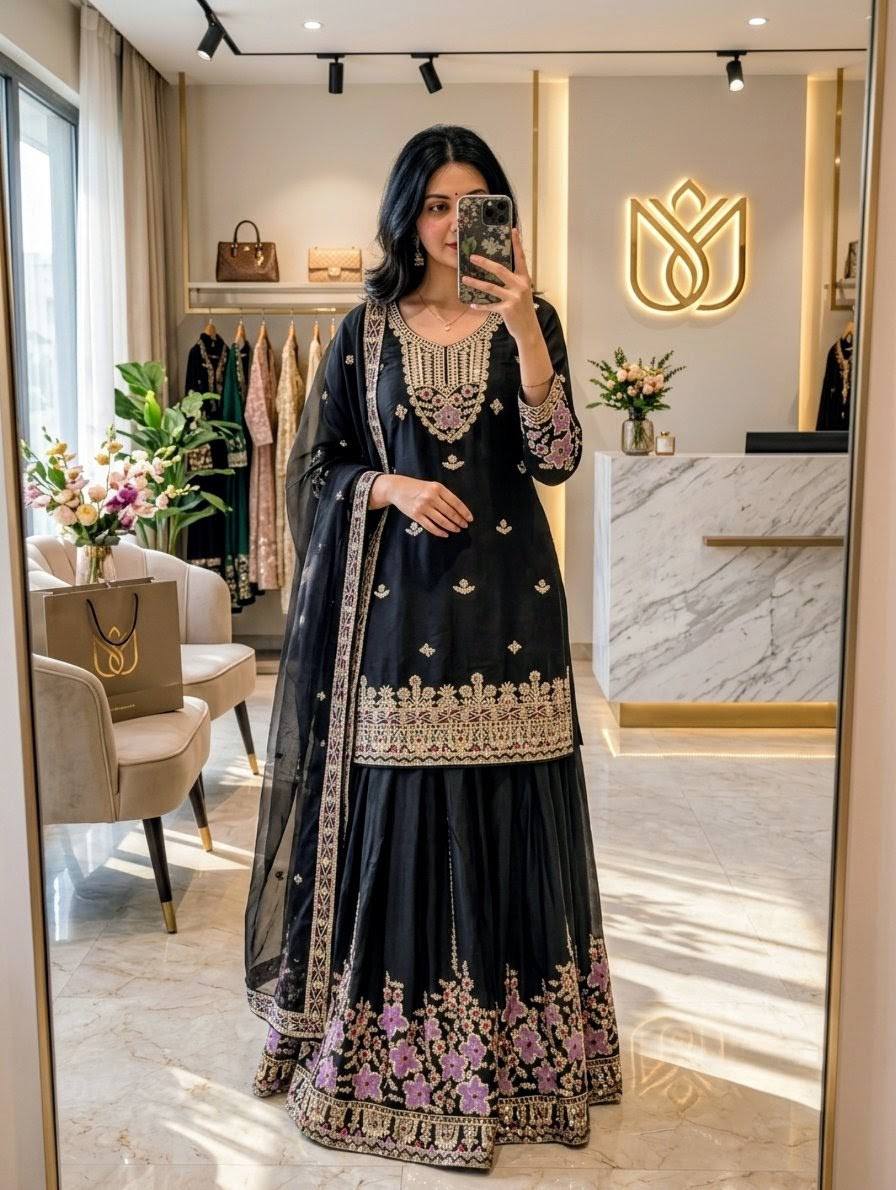 Navisha Chinon Silk Sequins Embroidered Sharara Suit with Dupatta