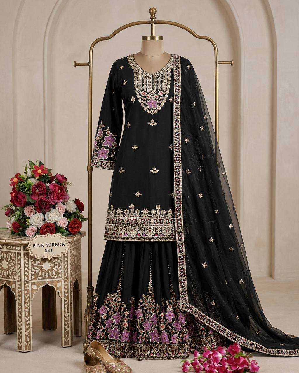 Navisha Chinon Silk Sequins Embroidered Sharara Suit with Dupatta