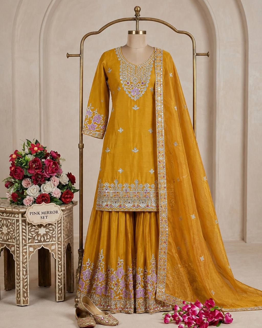 Navisha Chinon Silk Sequins Embroidered Sharara Suit with Dupatta