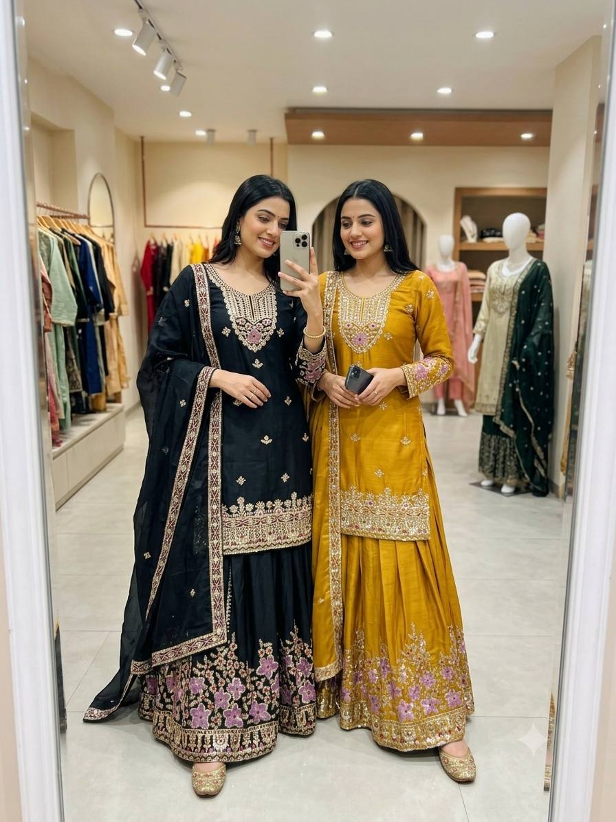 Navisha Chinon Silk Sequins Embroidered Sharara Suit with Dupatta