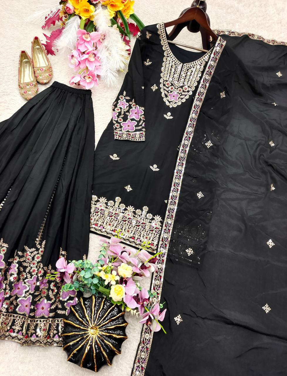 Navisha Chinon Silk Sequins Embroidered Sharara Suit with Dupatta