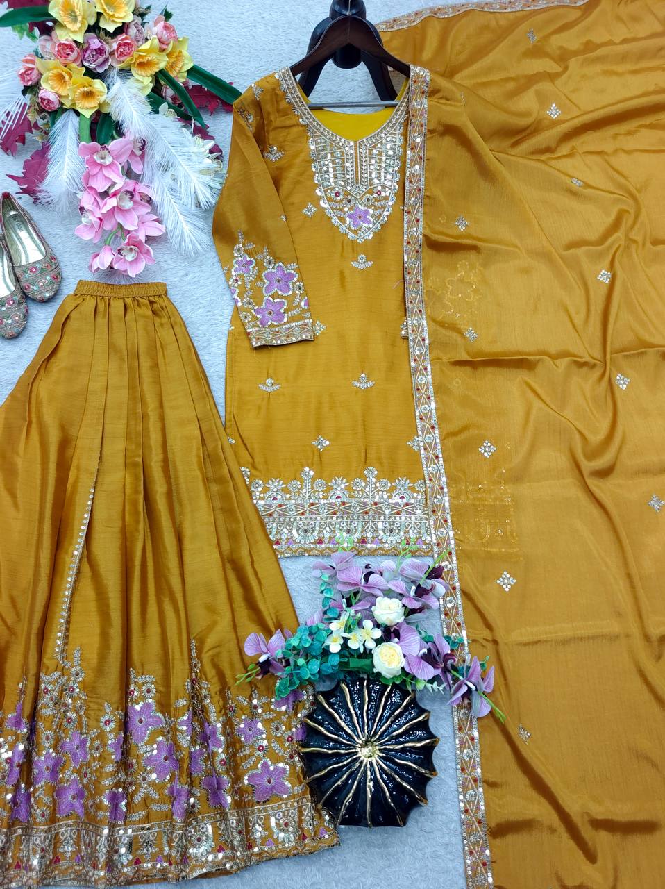Navisha Chinon Silk Sequins Embroidered Sharara Suit with Dupatta
