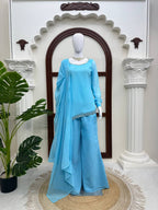 Saira Faux Georgette Embroidered Bootcut Palazzo Suit with Cutwork Detailing