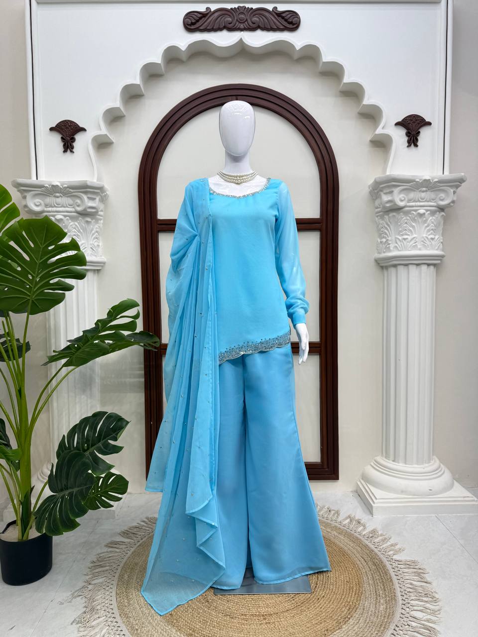 Saira Faux Georgette Embroidered Bootcut Palazzo Suit with Cutwork Detailing