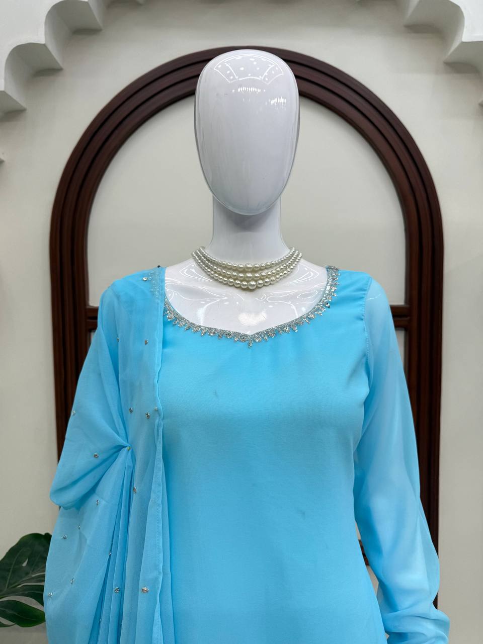 Saira Faux Georgette Embroidered Bootcut Palazzo Suit with Cutwork Detailing