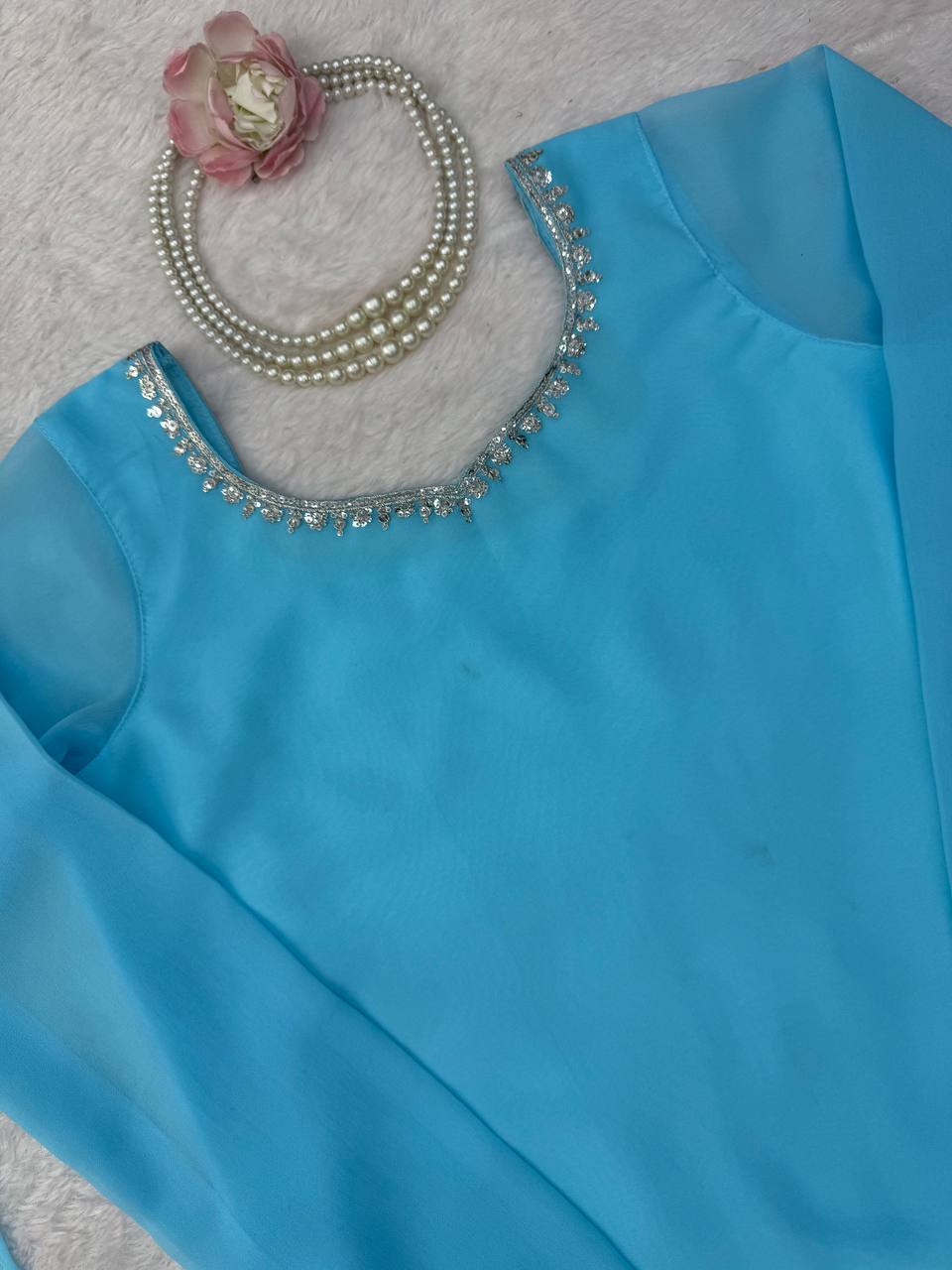 Saira Faux Georgette Embroidered Bootcut Palazzo Suit with Cutwork Detailing