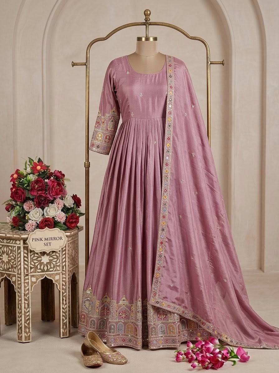 Eshanya Chinon Silk Sequins Embroidered Gown with Pant & Dupatta