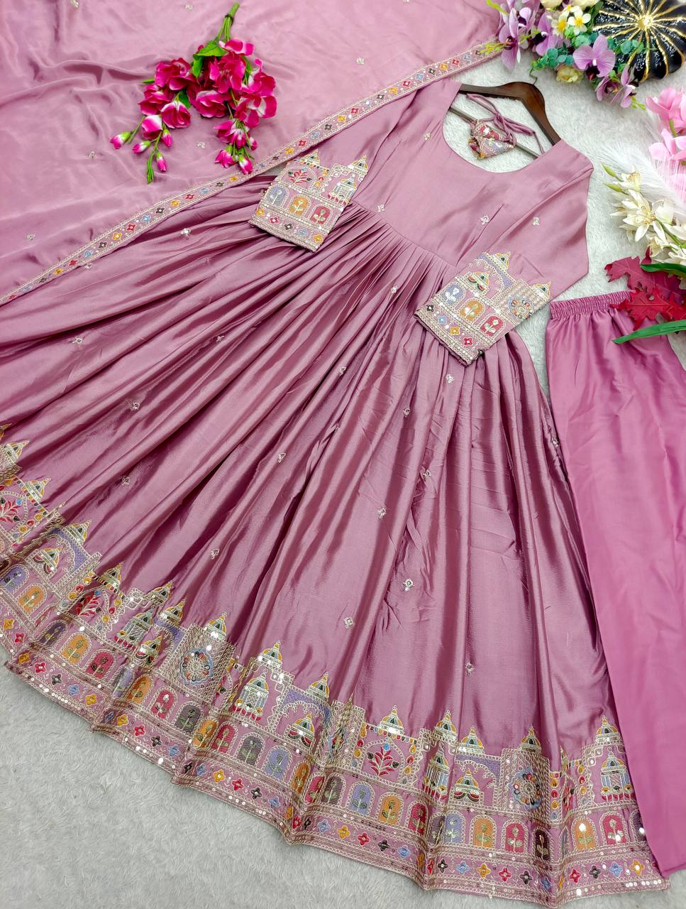 Eshanya Chinon Silk Sequins Embroidered Gown with Pant & Dupatta