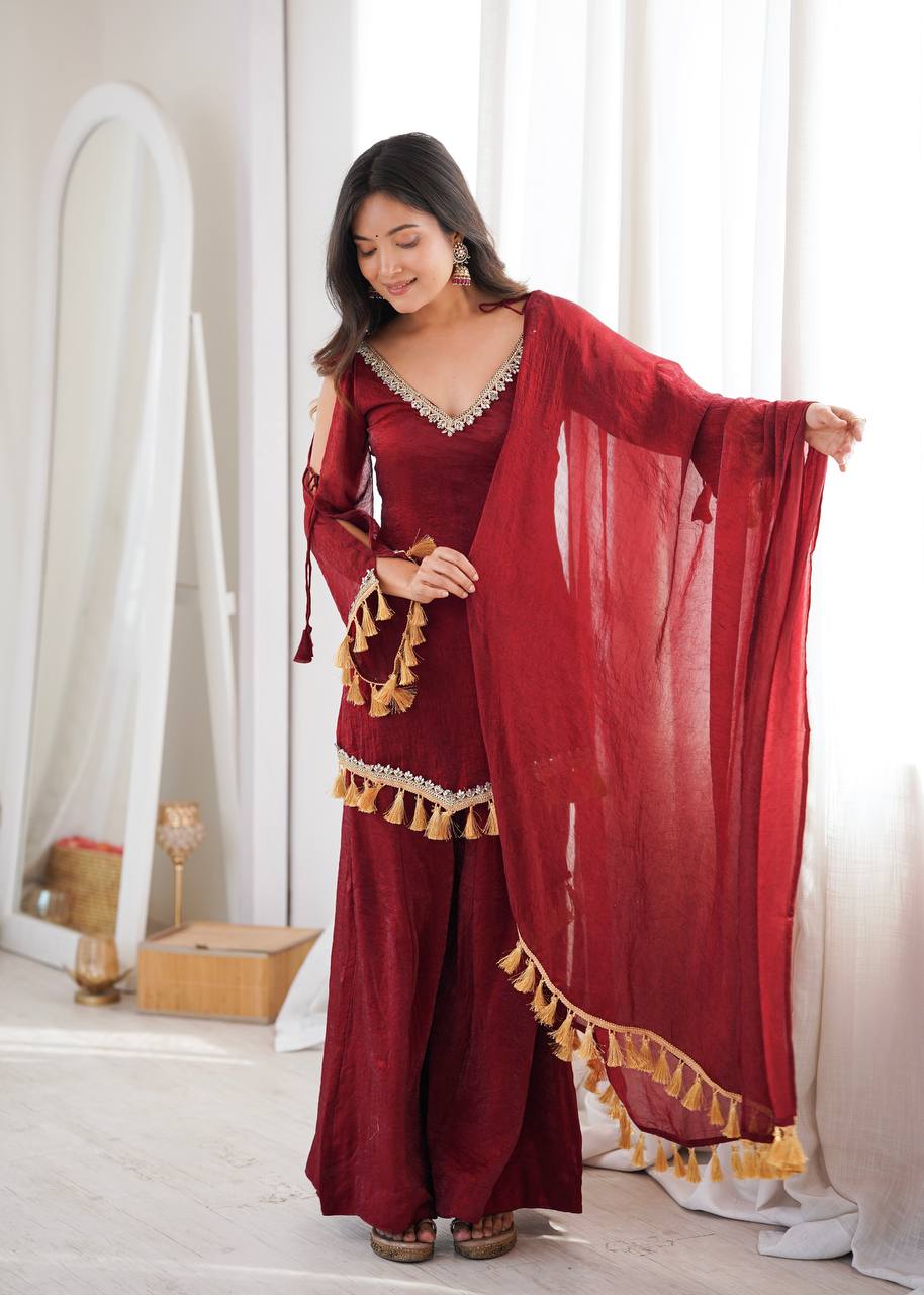 Zarisha Doremon Crush Mirror Lace Kurti Palazzo with Dupatta Set