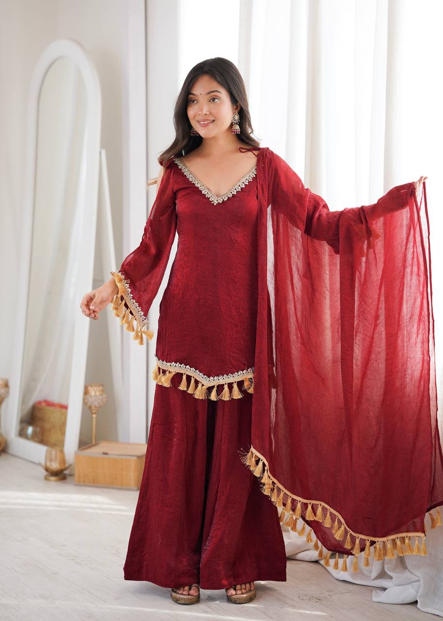 Zarisha Doremon Crush Mirror Lace Kurti Palazzo with Dupatta Set