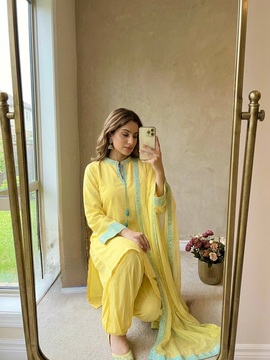 Aarini Natural Crepe Silk Embroidered Balloon Pant Suit with Organza Dupatta