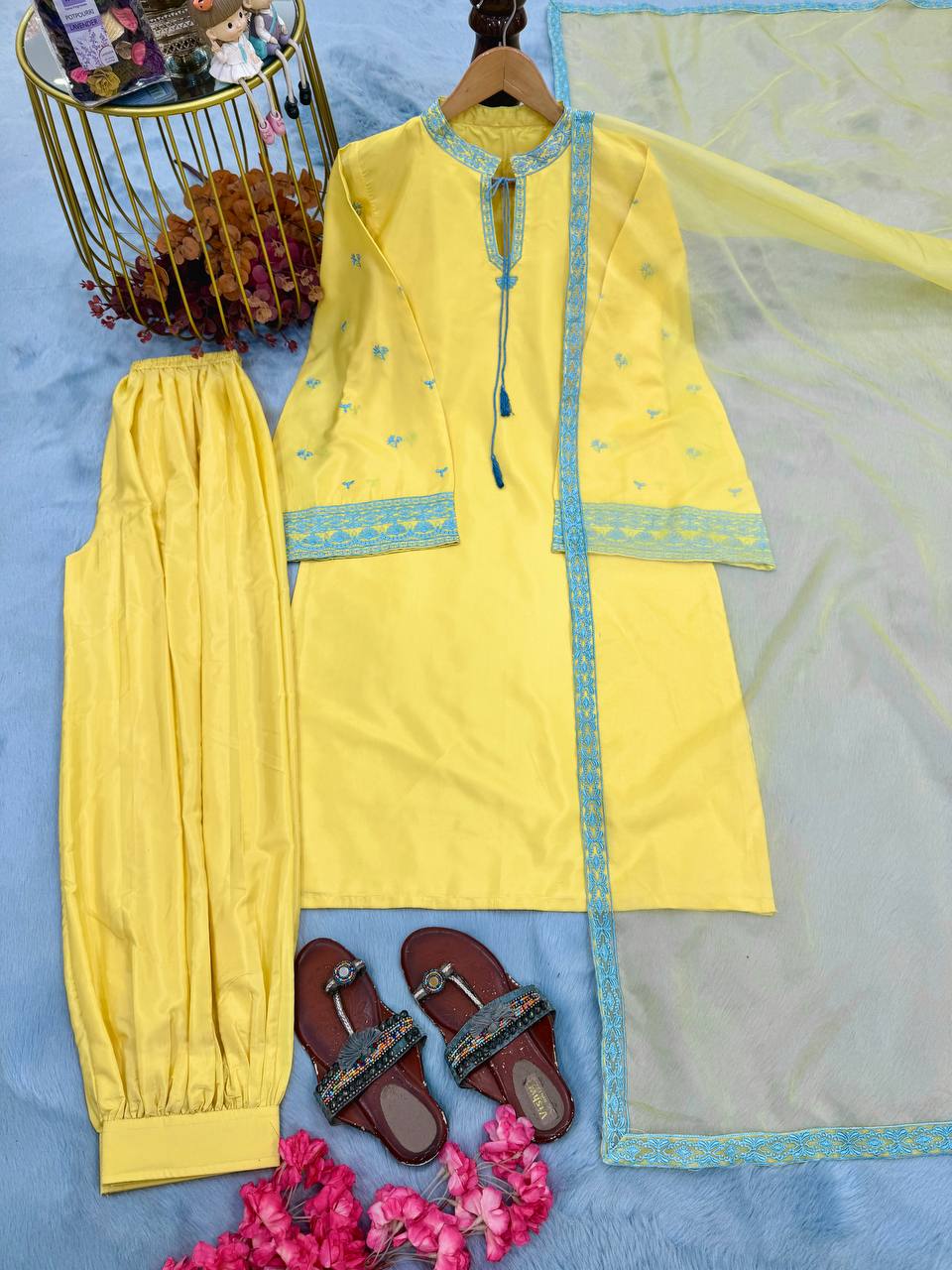 Aarini Natural Crepe Silk Embroidered Balloon Pant Suit with Organza Dupatta