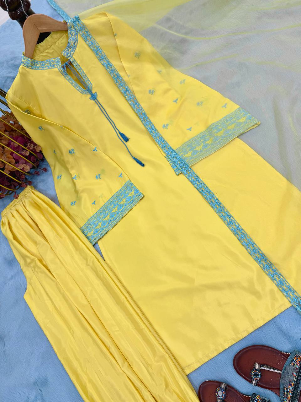 Aarini Natural Crepe Silk Embroidered Balloon Pant Suit with Organza Dupatta