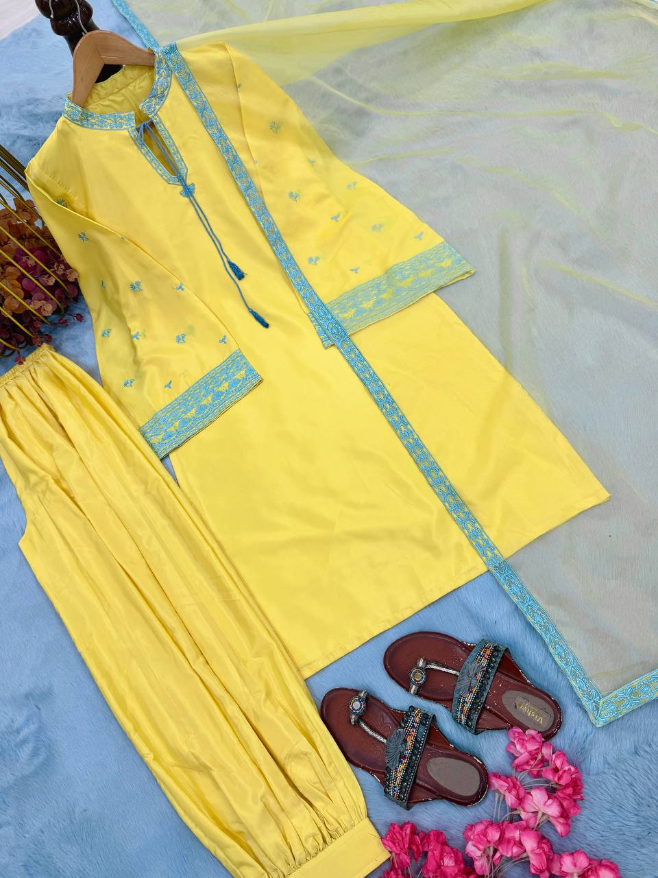 Aarini Natural Crepe Silk Embroidered Balloon Pant Suit with Organza Dupatta