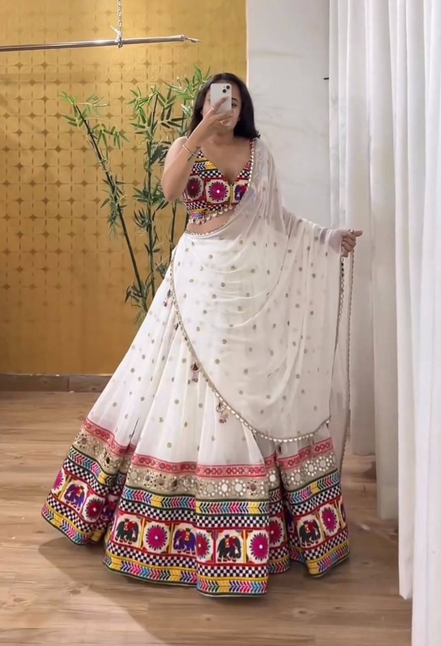 Zarisha Faux Georgette Real Mirror Embroidered Lehenga Choli with Dupatta Set