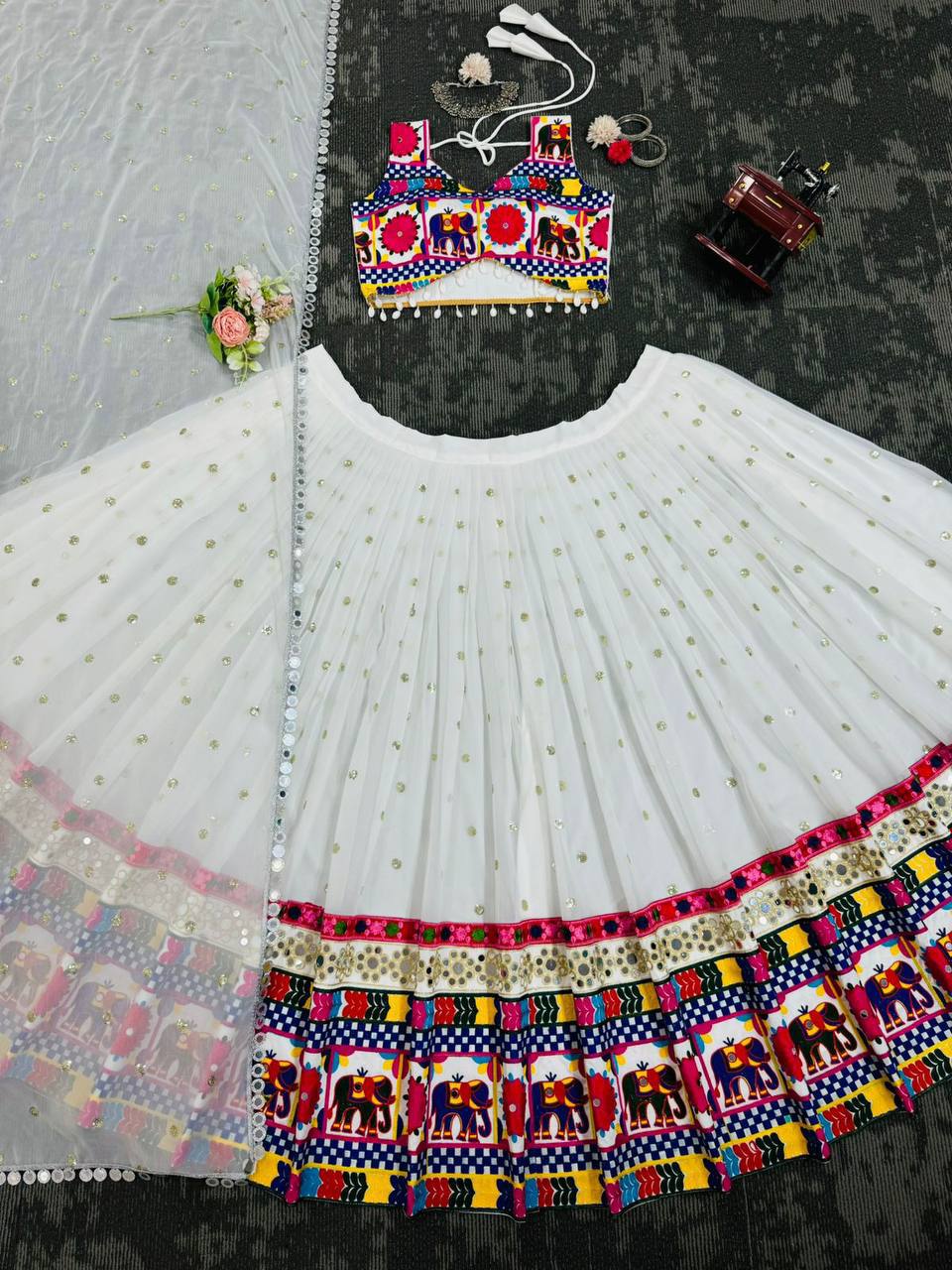 Zarisha Faux Georgette Real Mirror Embroidered Lehenga Choli with Dupatta Set