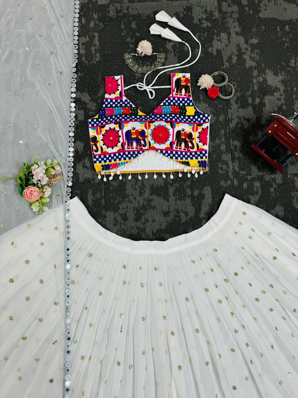 Zarisha Faux Georgette Real Mirror Embroidered Lehenga Choli with Dupatta Set