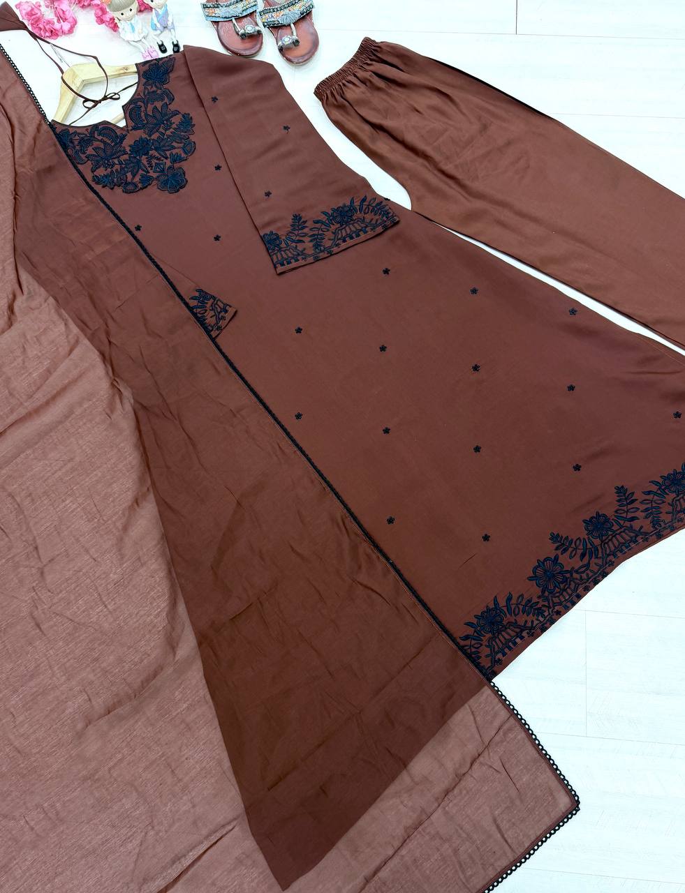 Meher Pure Satin Mul Chanderi Embroidered Kaftan with Palazzo & Dupatta Set
