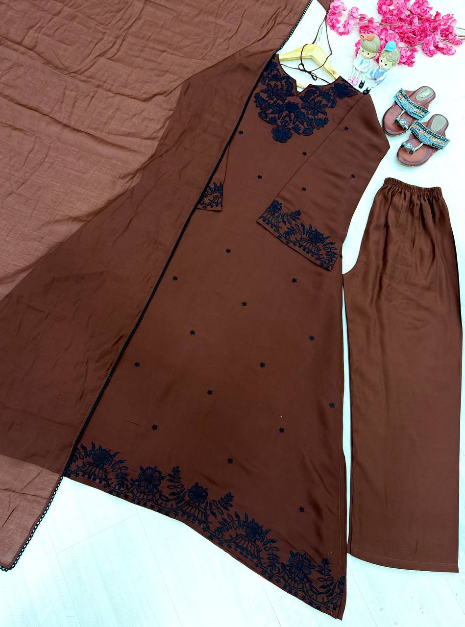 Meher Pure Satin Mul Chanderi Embroidered Kaftan with Palazzo & Dupatta Set
