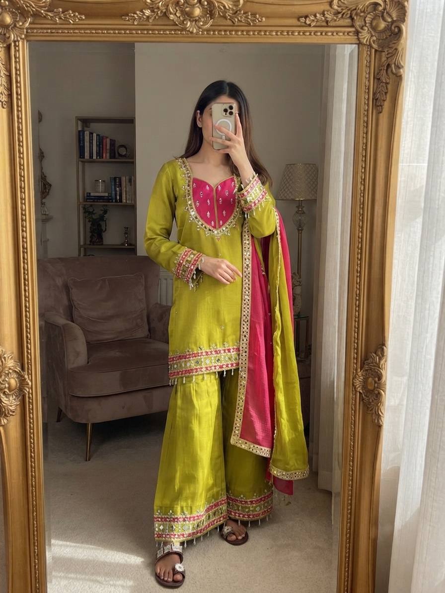 Anvika Roman Glass Mirror Work Palazzo Suit with Kota Checks Dupatta