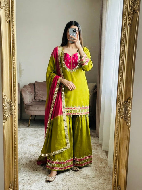 Anvika Roman Glass Mirror Work Palazzo Suit with Kota Checks Dupatta