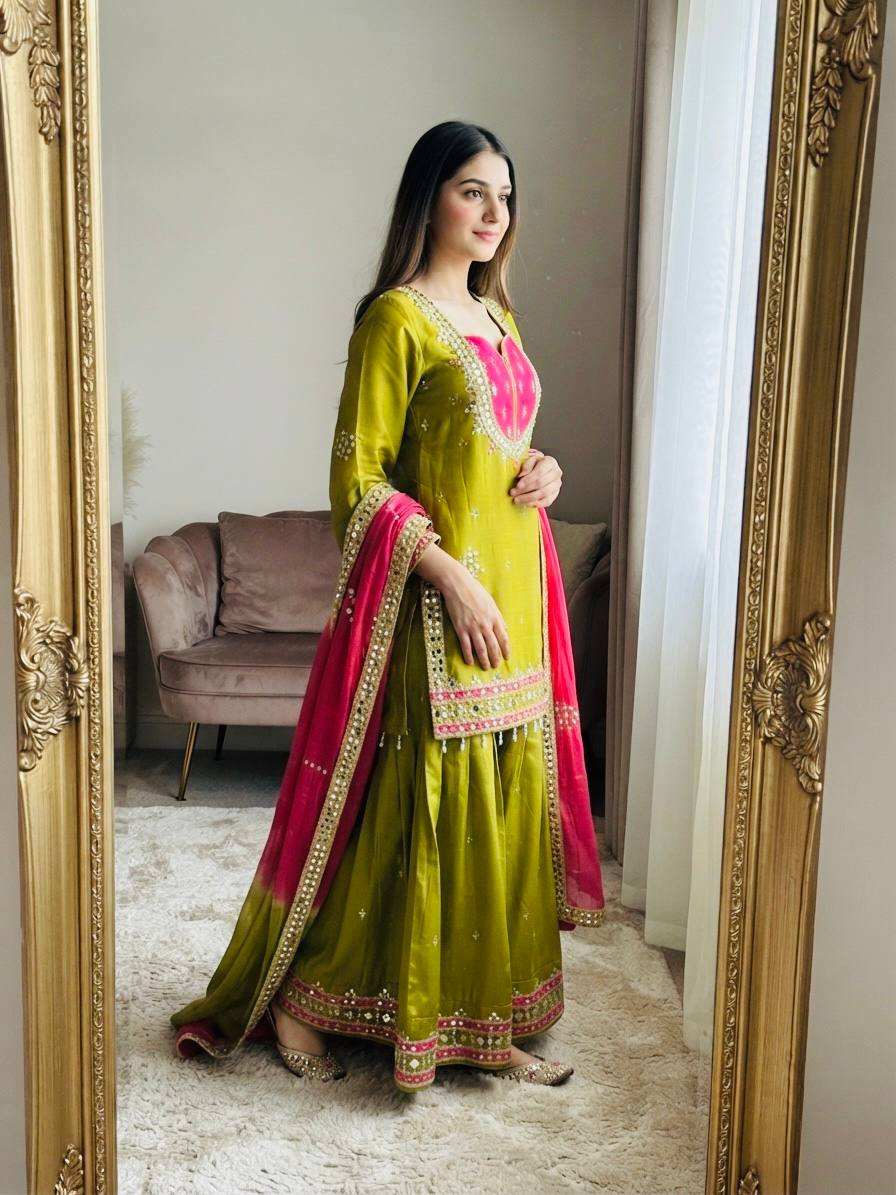 Anvika Roman Glass Mirror Work Palazzo Suit with Kota Checks Dupatta