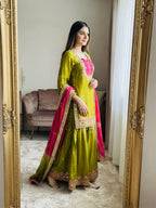 Anvika Roman Glass Mirror Work Palazzo Suit with Kota Checks Dupatta