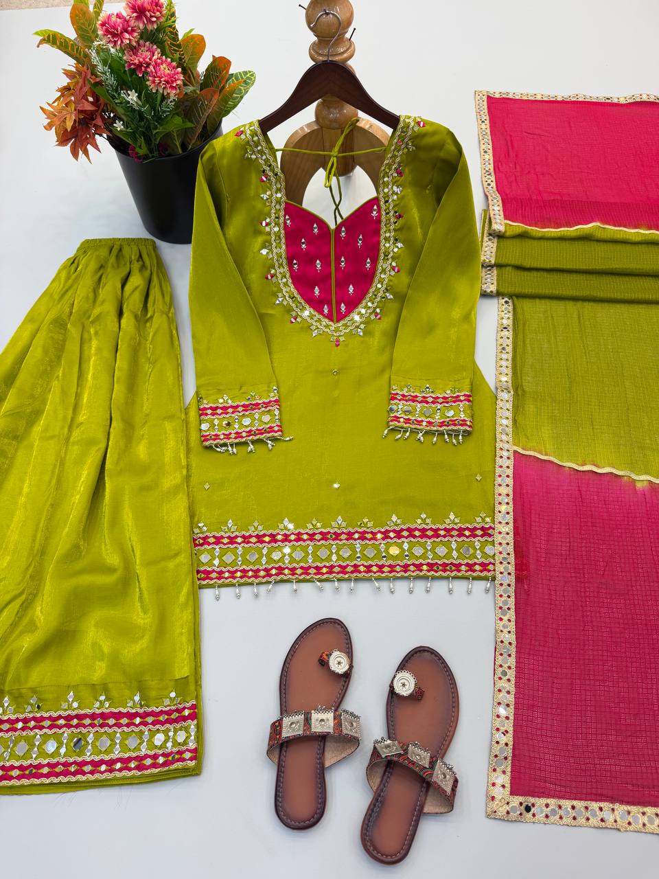 Anvika Roman Glass Mirror Work Palazzo Suit with Kota Checks Dupatta