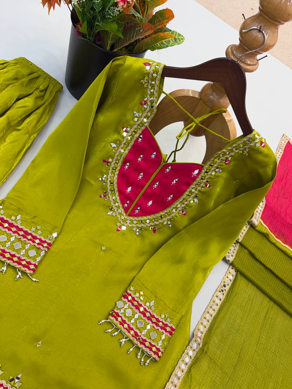 Anvika Roman Glass Mirror Work Palazzo Suit with Kota Checks Dupatta