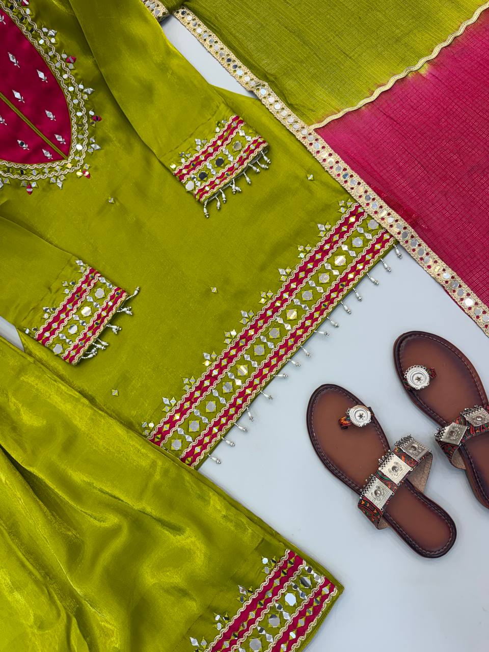 Anvika Roman Glass Mirror Work Palazzo Suit with Kota Checks Dupatta