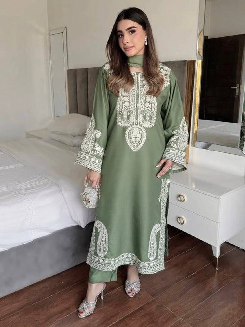 Aarunya Soft Chinon Silk Thread Embroidered Kurti with Palazzo & Georgette Dupatta