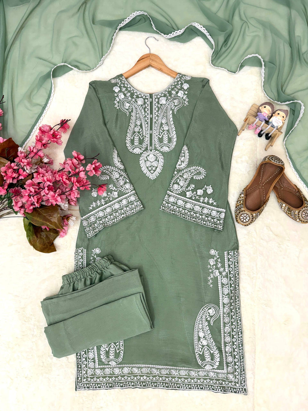 Aarunya Soft Chinon Silk Thread Embroidered Kurti with Palazzo & Georgette Dupatta