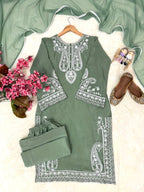 Aarunya Soft Chinon Silk Thread Embroidered Kurti with Palazzo & Georgette Dupatta