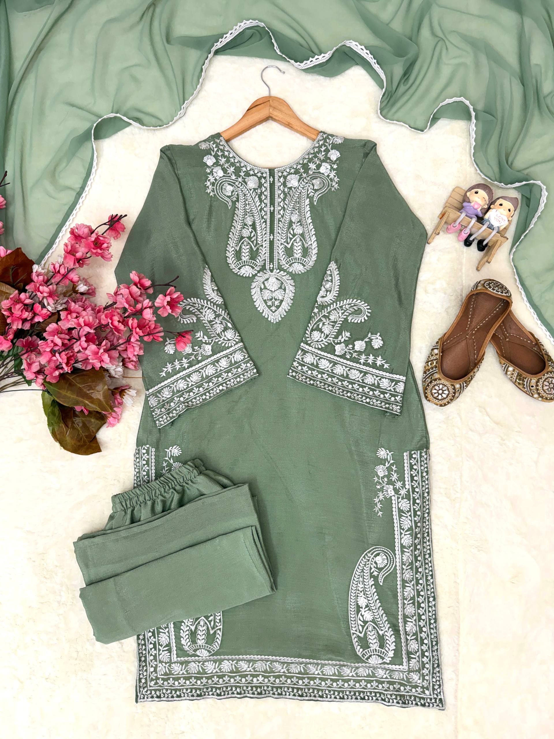 Aarunya Soft Chinon Silk Thread Embroidered Kurti with Palazzo & Georgette Dupatta