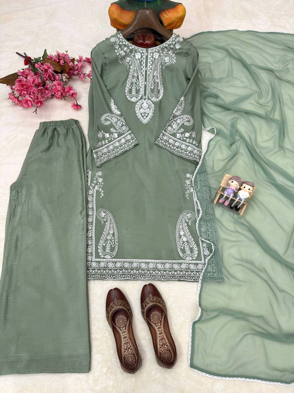 Aarunya Soft Chinon Silk Thread Embroidered Kurti with Palazzo & Georgette Dupatta