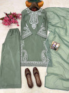Aarunya Soft Chinon Silk Thread Embroidered Kurti with Palazzo & Georgette Dupatta