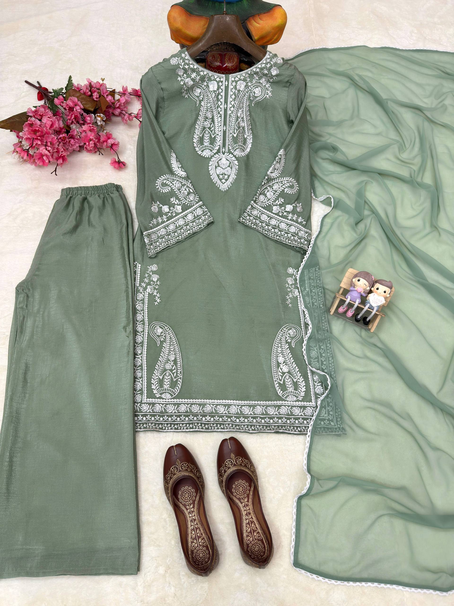 Aarunya Soft Chinon Silk Thread Embroidered Kurti with Palazzo & Georgette Dupatta