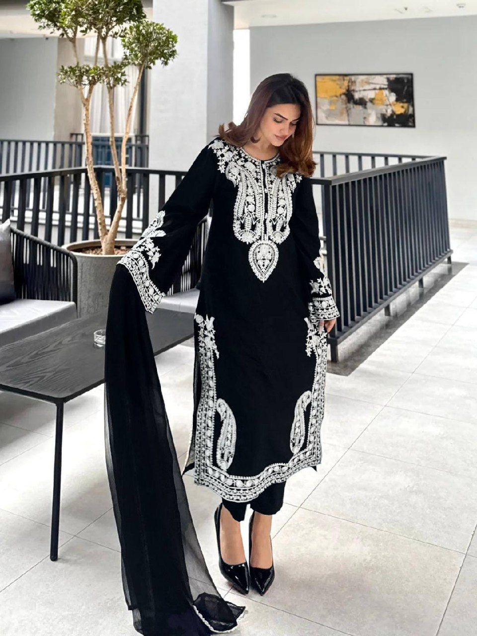 Aarunya Soft Chinon Silk Thread Embroidered Kurti with Palazzo & Georgette Dupatta