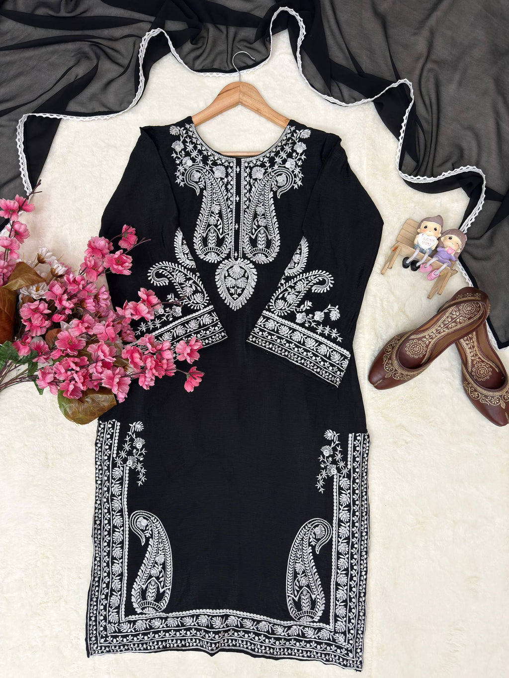 Aarunya Soft Chinon Silk Thread Embroidered Kurti with Palazzo & Georgette Dupatta
