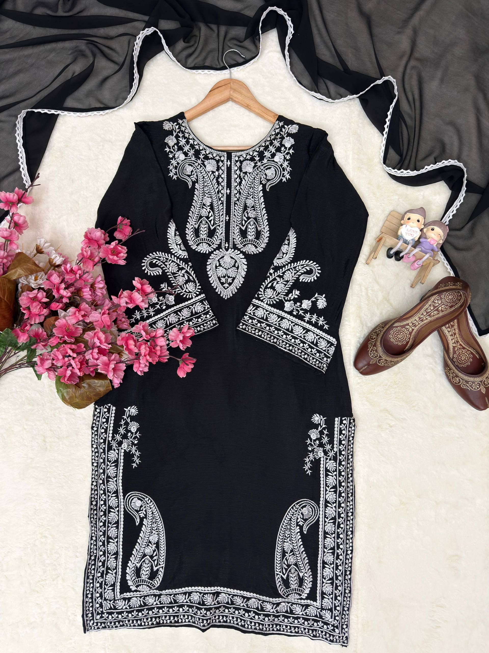 Aarunya Soft Chinon Silk Thread Embroidered Kurti with Palazzo & Georgette Dupatta
