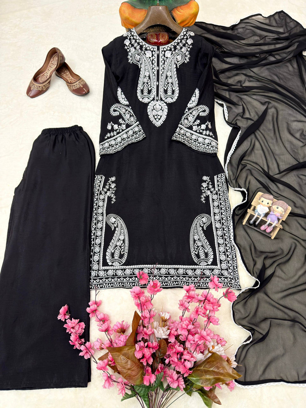 Aarunya Soft Chinon Silk Thread Embroidered Kurti with Palazzo & Georgette Dupatta