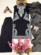 Aarunya Soft Chinon Silk Thread Embroidered Kurti with Palazzo & Georgette Dupatta