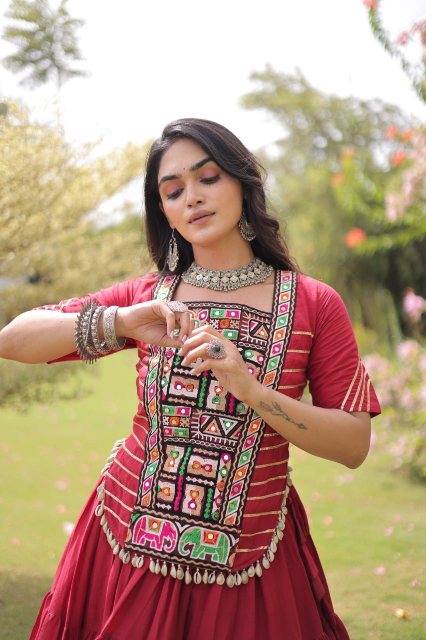 Garba Rang Designer Kora Cotton Kutchi Patchwork Navratri Lehenga Set