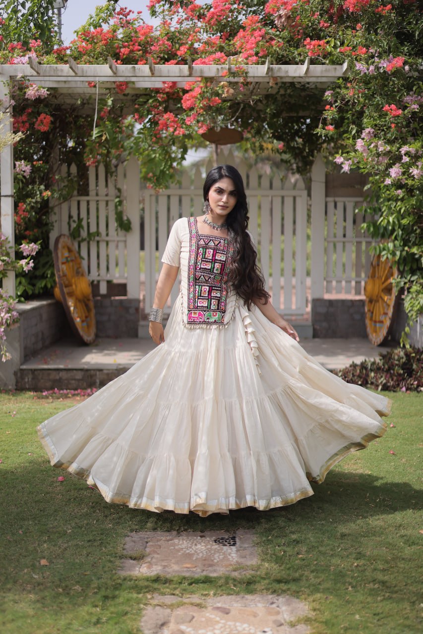 Garba Rang Designer Kora Cotton Kutchi Patchwork Navratri Lehenga Set
